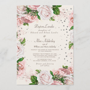 Convite Casamento de Rosa Floral Empoeirada com Brilho Pra