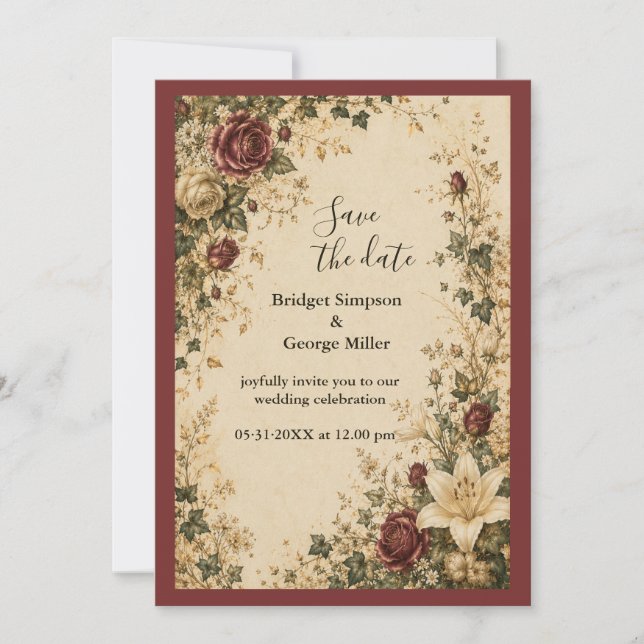 Convite Casamento de Rosa Lírio Botânico Conto de Fadas Me (Frente)