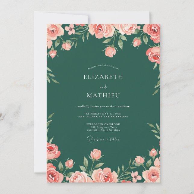 Convite Casamento de Rosa Luxuriante Verde Esmeralda (Frente)