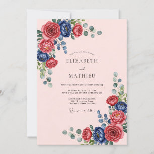 Convite Casamento de Rosa Ornamentada Azul-Marinho