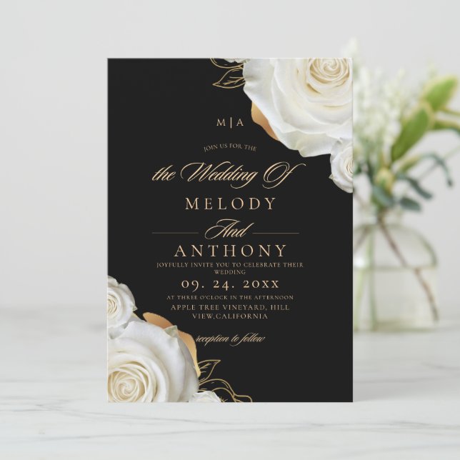 Convite Casamento de Rosa Preta e Branca Floral Chic Moder (Em pé/Frente)