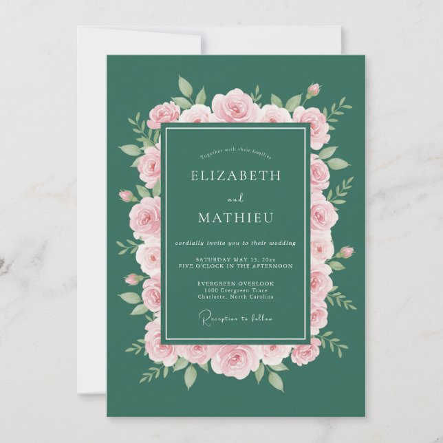 Convite Casamento de Rosa Refinada Esmeralda Verde (Frente)