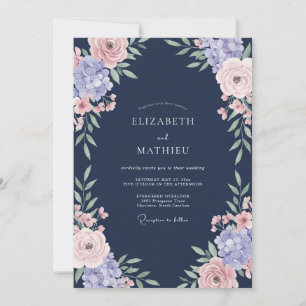 Convite Casamento de Rosa Romântica Azul Marinho