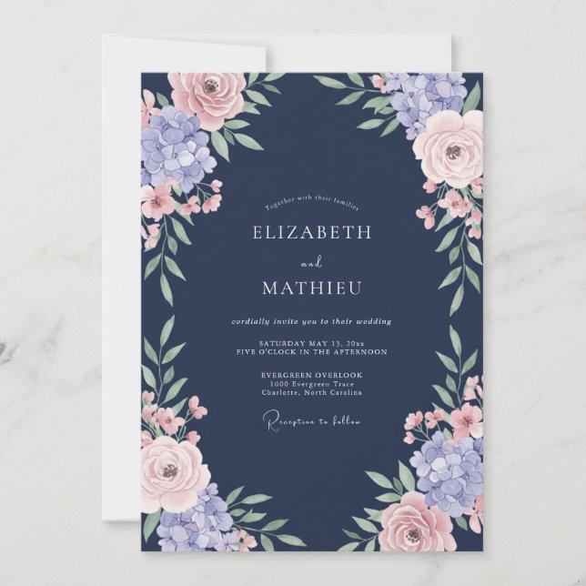 Convite Casamento de Rosa Romântica Azul Marinho (Frente)