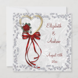 Convite Casamento de Rosa romântico, Ouros e Fita Vermelha