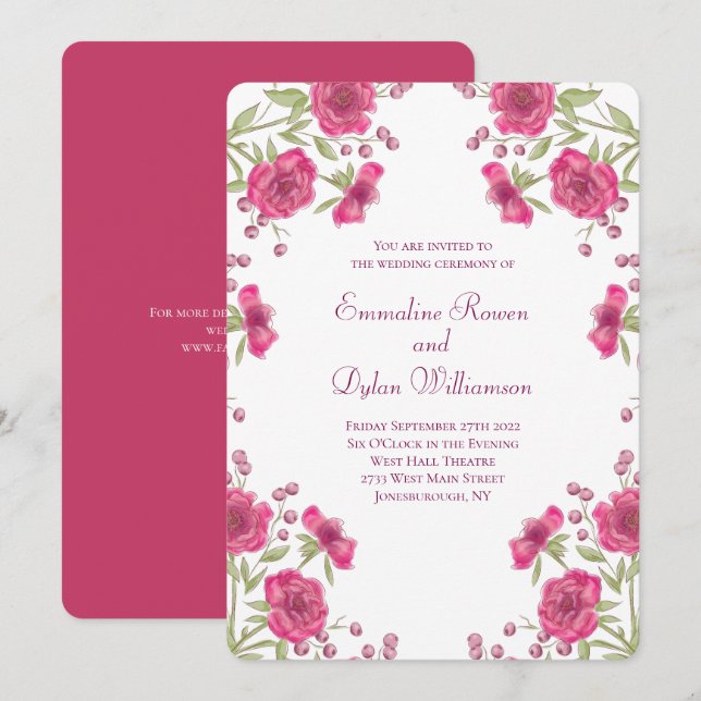 Convite Casamento de Rosa Rosa Brilhante (Frente/Verso)