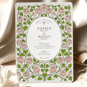 Convite Casamento de Rosa Rosa Elegante e Coração Verde