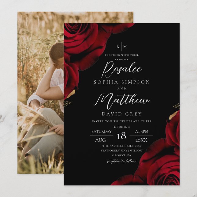 Convite Casamento de Rosa Vermelha Moderno e Personalizado (Frente/Verso)