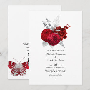 Convite Casamento de Rosa Vintage Vermelha e Prata com QR 