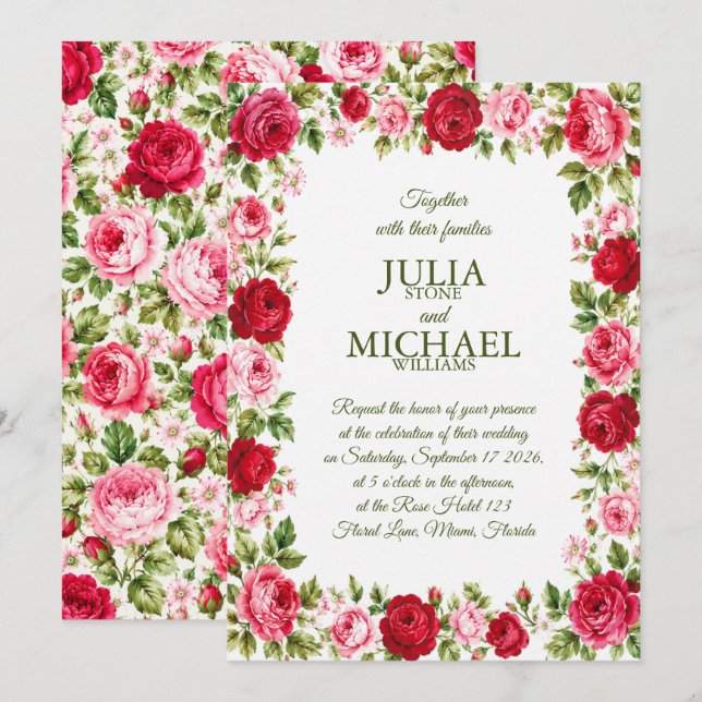 Convite Casamento de Rosas (Frente/Verso)
