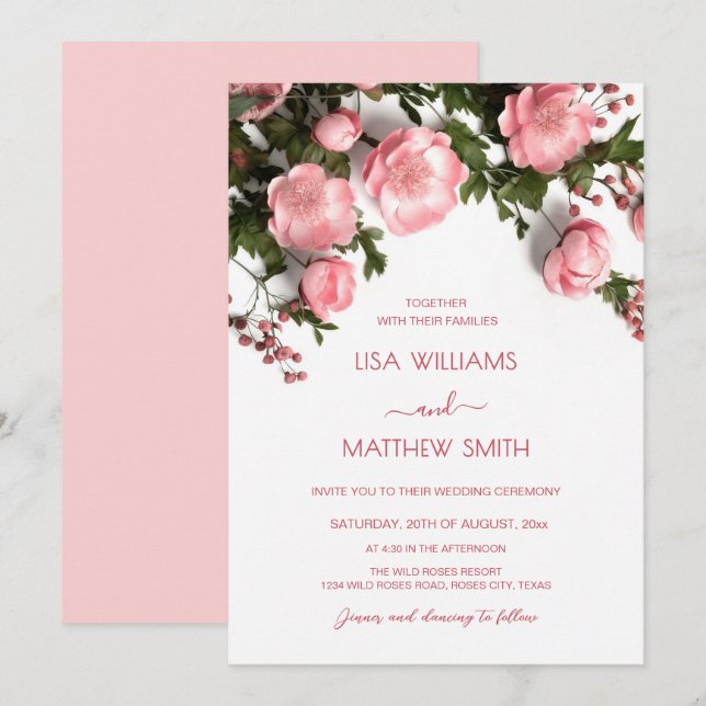 Convite Casamento de Rosas 3D Rosa Elegante Branco (Frente/Verso)