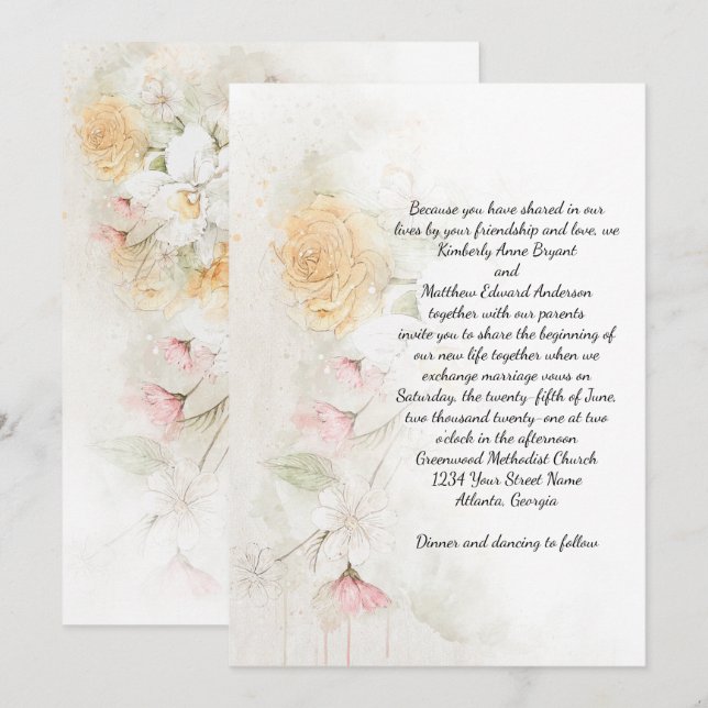 Convite Casamento de Rosas Amarelas Pastel e Cor-de-Rosa c (Frente/Verso)