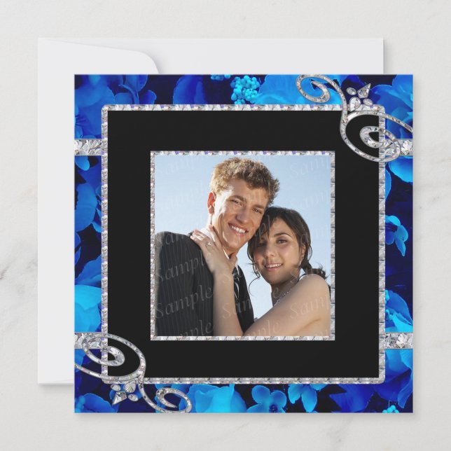 Convite Casamento de Rosas Azuis Brilhantes e Suavimentos  (Frente)