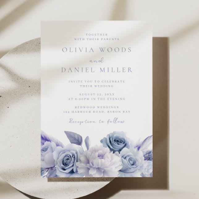 Convite Casamento de Rosas Azuis Elegante Dusty (Criador carregado)
