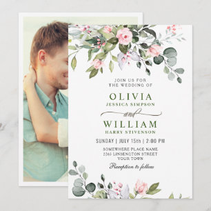 Convite Casamento de Rosas Bege de Eucalipto Elegante