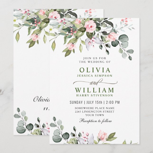 Convite Casamento de Rosas Bege de Eucalipto Elegante com  (Frente/Verso)