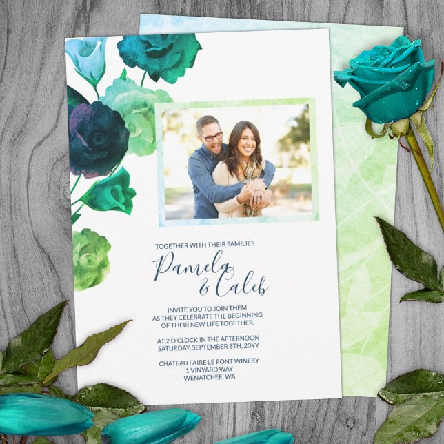 Convite Casamento de Rosas Botânicos Azul, Verde, Turquesa (spring springtime wedding bright green teal green roses botanical garden wedding invitations)