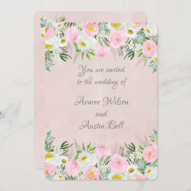 Convite Casamento de Rosas Brancas e Rosa (Frente/Verso)