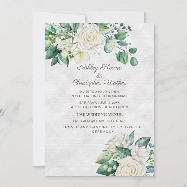 Convite Casamento de Rosas Brancas e Verdura Elegante (Frente)