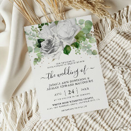 Convite Casamento de Rosas Brancas Elegantes e Folhagens d