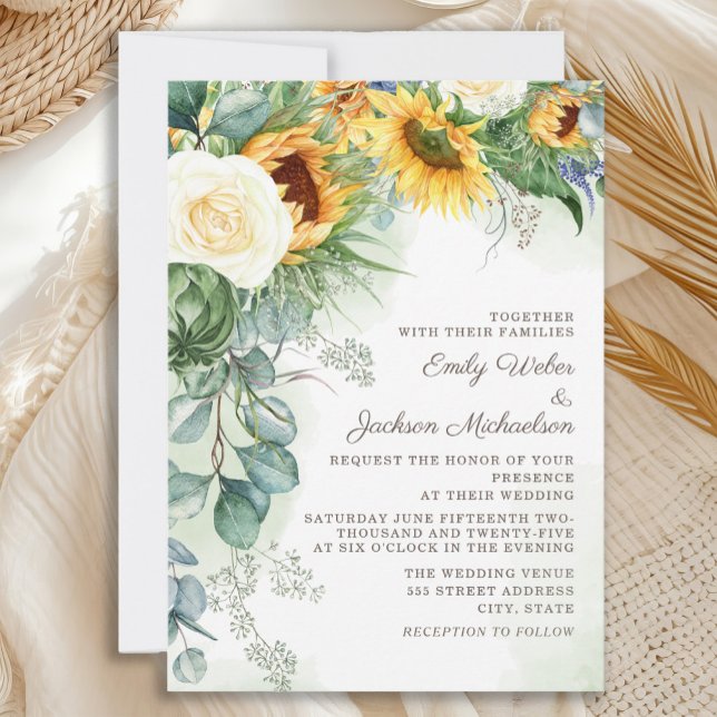 Convite Casamento de Rosas Brancas Eucalyptus e Girassóis  (Elegant country-style sunflowers and eucalyptus wedding invitation)