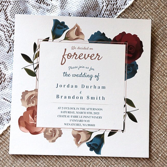 Convite Casamento de Rosas Burgundy e Teal (Criador carregado)