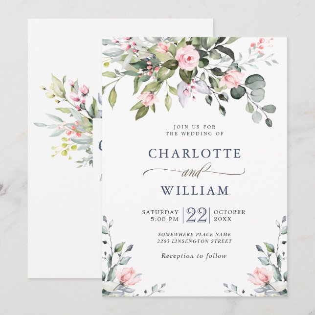 Convite Casamento de Rosas Cor-de-Rosa de Eucalipto Elegan (Frente/Verso)