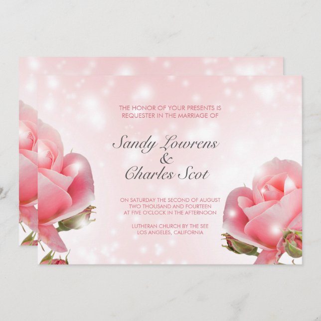 Convite Casamento de Rosas Cor-de-Rosa Elegantes (Frente/Verso)