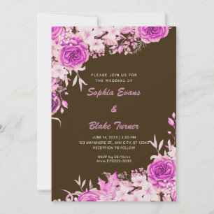 Convite Casamento de Rosas Cor-de-Rosa Elegantes em Marrom