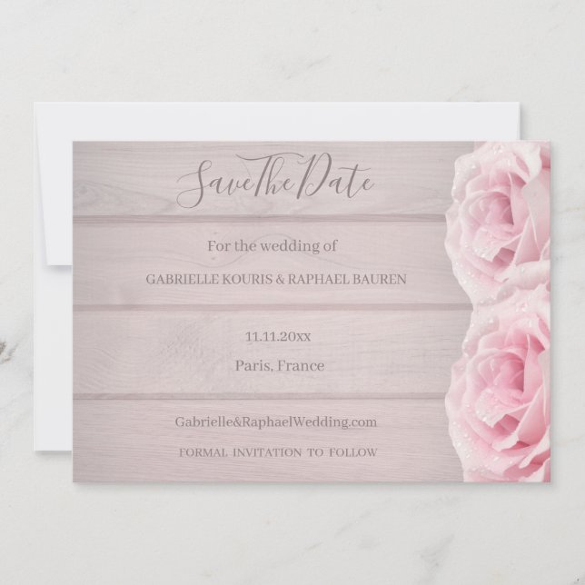 Convite Casamento de Rosas Cor-de-Rosa em Madeira Rústica  (Frente)