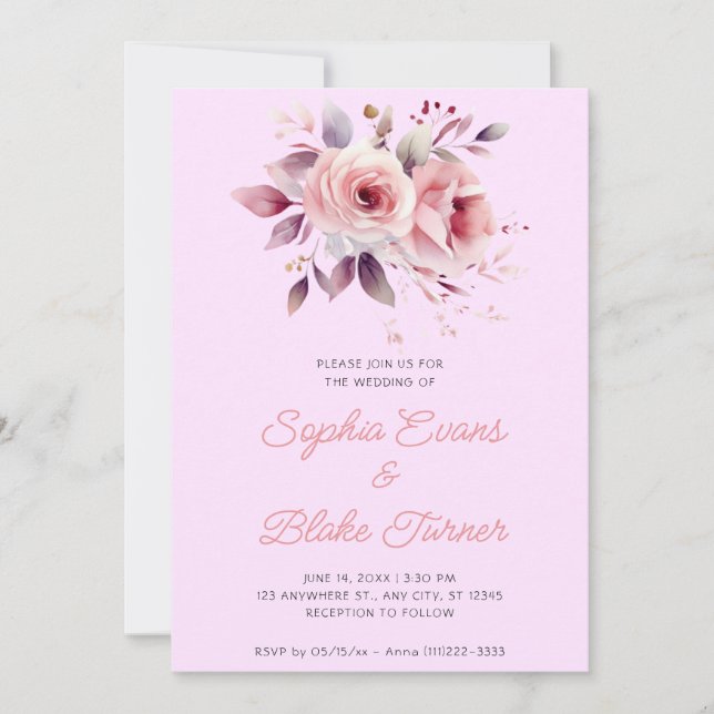Convite Casamento de Rosas Cor-de-Rosa Modernas com Luz Ro (Frente)