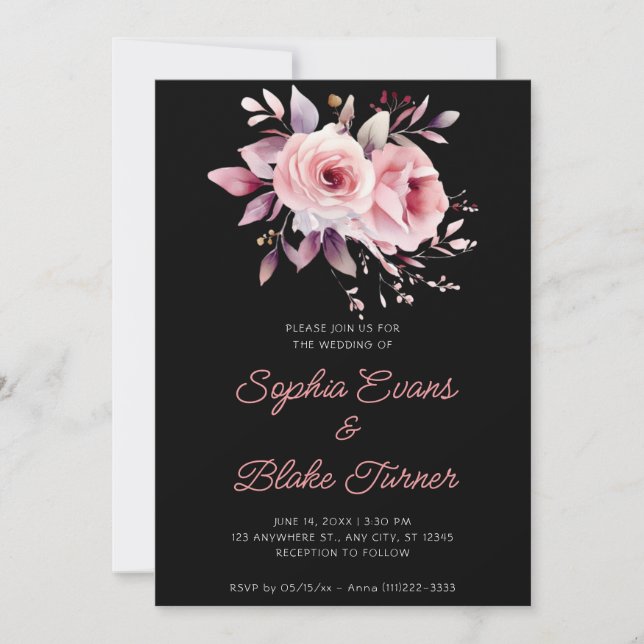 Convite Casamento de Rosas Cor-de-Rosa Modernas e Pretas (Frente)
