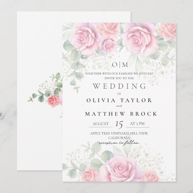 Convite Casamento de Rosas Cor-de-Rosa Suave e Elegante (Frente/Verso)