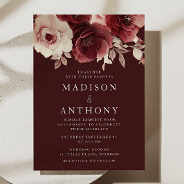 Convite Casamento de Rosas da Burgundy Maroon Elegant Vint
