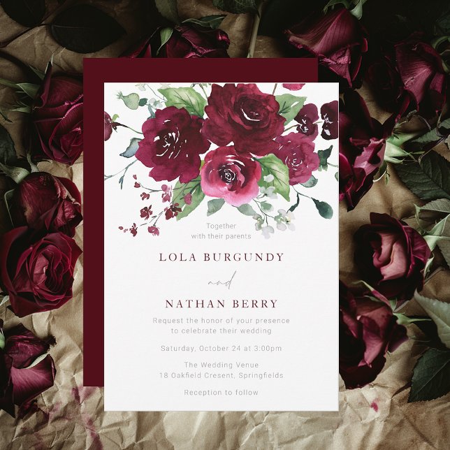 Convite Casamento de Rosas de Aquarela Burgundy (Criador carregado)