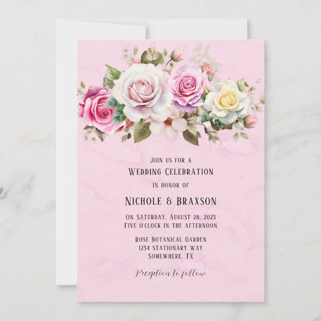 Convite Casamento de Rosas de Aquarela Rosa-Chic e Elegant (Frente)