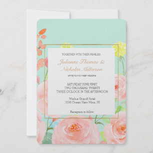 Convite Casamento de Rosas de Aquarela Rosa e Mint