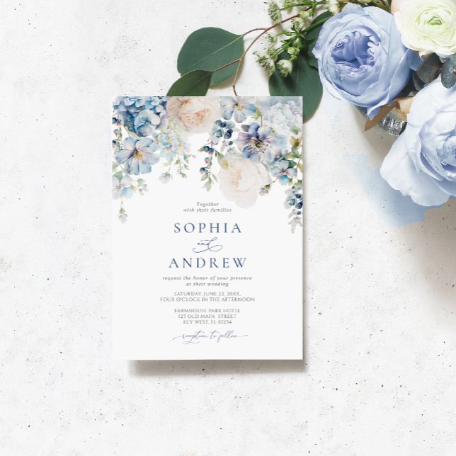 Convite Casamento de Rosas de Blush e Hydrangea Azul Elega (Criador carregado)