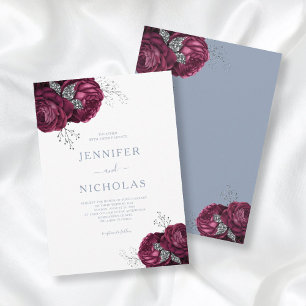 Convite Casamento de Rosas de Borgonha Azul com Elegante F