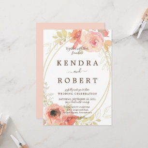 Convite Casamento de Rosas de Coral Rosa e Ovais Dourados