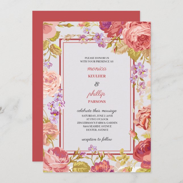 Convite Casamento de Rosas de Couve Vermelha Romântica Ind (Frente/Verso)