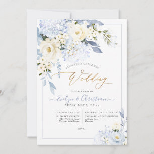 Convite Casamento de Rosas de Creme de Hydrangea Azul H2