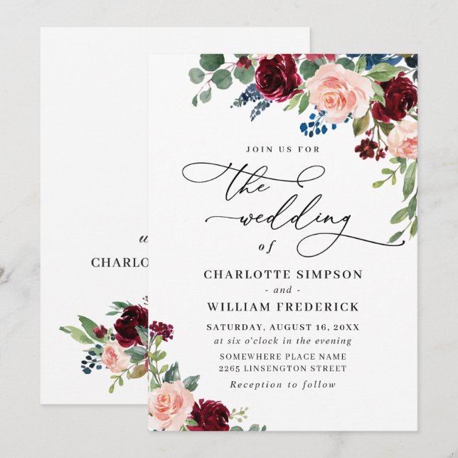 Convite Casamento de Rosas de Eucalipto Azul Burgundy (Frente/Verso)