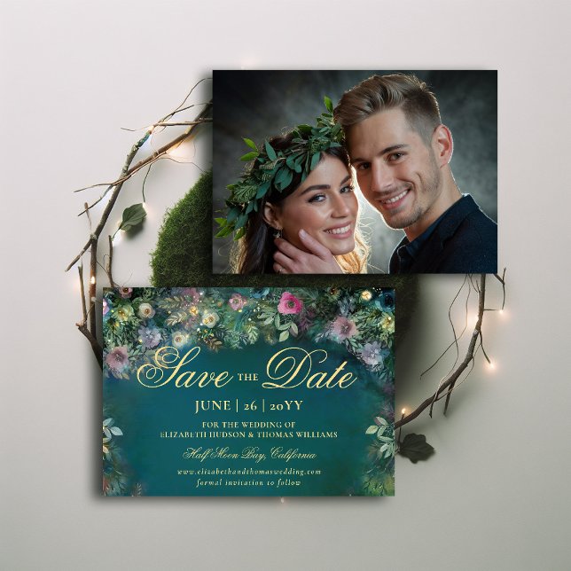 Convite Casamento de Rosas de Floresta Encantada Salva a D (enchanted forest photo wedding save the date magic fairy tale woodland roses gold emerald green )