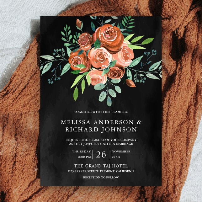 Convite Casamento de Rosas de Laranja Floral Dark Cinzas Q (Criador carregado)