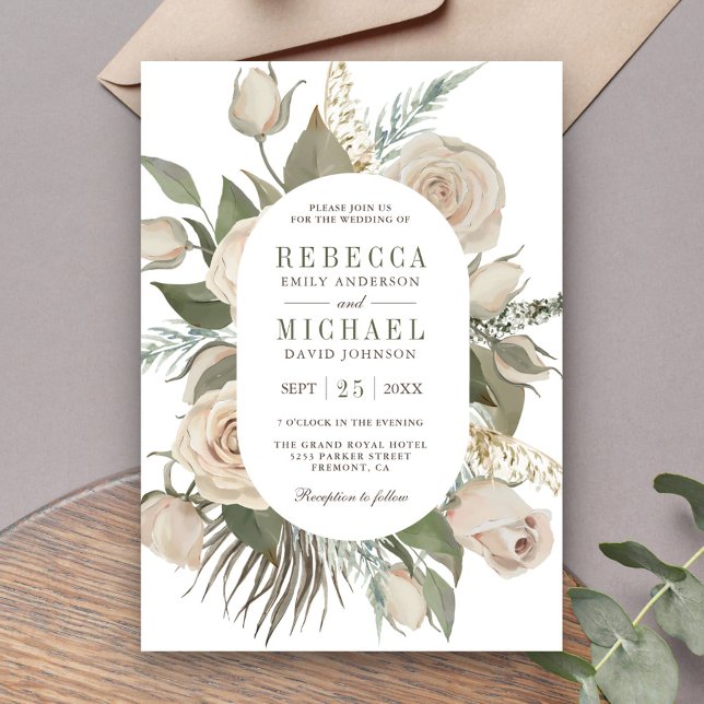 Convite Casamento de Rosas de Marfim Rústico Boho com Folh (Criador carregado)