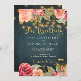 Convite Casamento de rosas de ouro cor-de-rosa-marinho