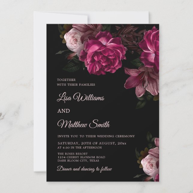 Convite Casamento de Rosas Desenhadas à Mão Dark Romantic (Frente)