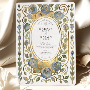 Convite Casamento de Rosas Douradas e Azul Poeira Art Nouv