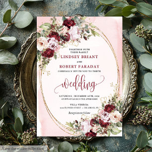 Convite Casamento de Rosas Douradas e Bege Burgundy Boho G